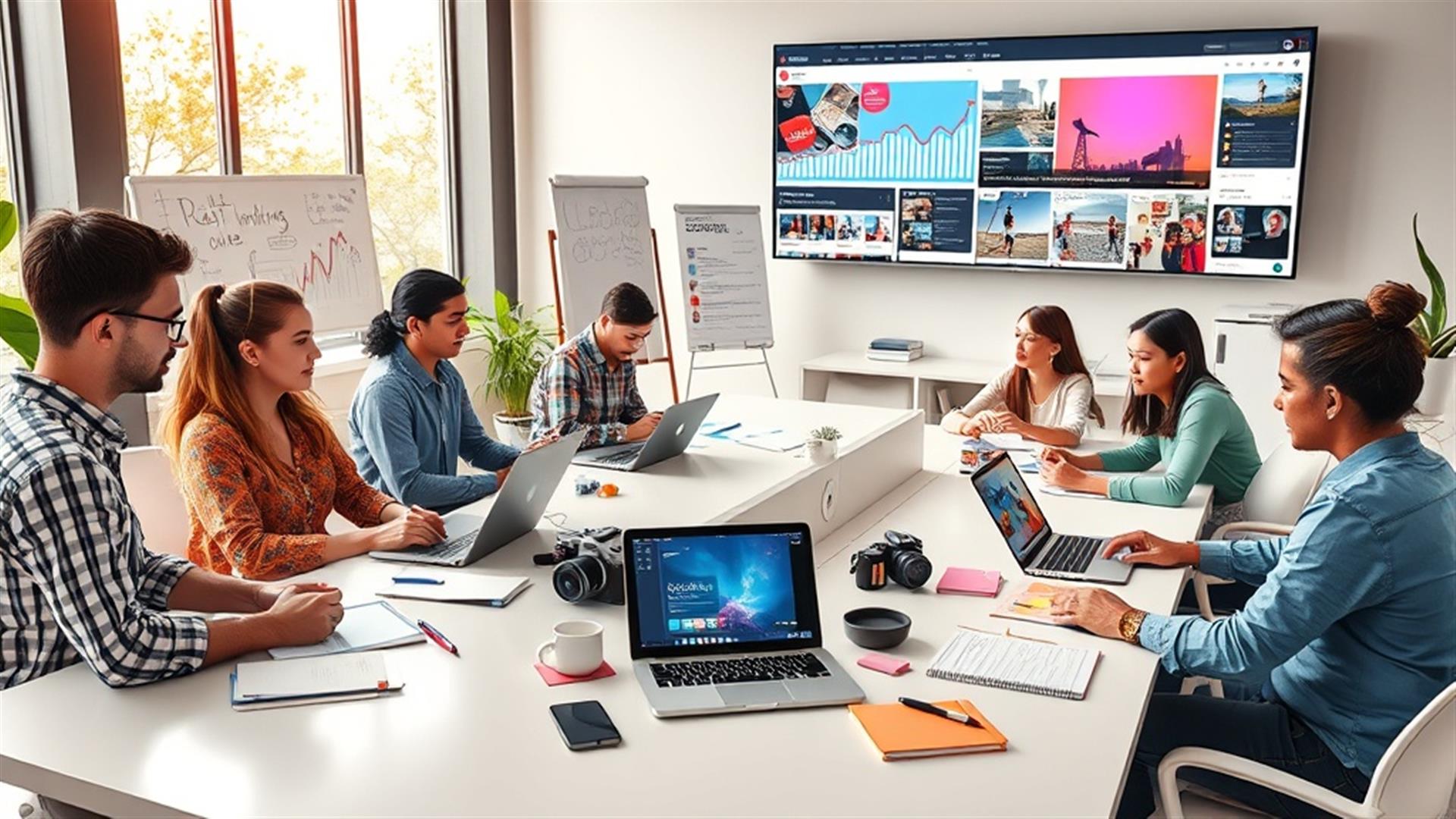 Crea una imagen ultra realista de un espacio de trabajo moderno centrado en la creación de contenido para redes sociales. La escena debe representar a un equipo diverso de jóvenes profesionales colaborando alrededor de un escritorio grande y elegante. Las computadoras portátiles, tabletas y teléfonos inteligentes deben estar abiertos, mostrando plataformas de redes sociales vibrantes como Instagram, Facebook y Twitter. En el escritorio, coloca una variedad de herramientas como cuadernos, notas adhesivas coloridas, bolígrafos y una cámara digital. Incluye una pantalla grande montada en la pared que muestre gráficos de análisis y vistas previas de publicaciones en redes sociales. La habitación es luminosa y espaciosa, con luz natural entrando por grandes ventanas y plantas que añaden un toque de verde. Cada persona está involucrada en diferentes aspectos de la creación de contenido, desde la generación de ideas en una pizarra hasta la edición de imágenes en una computadora portátil. La atmósfera general es dinámica, creativa y centrada en estrategias efectivas de marketing en redes sociales.