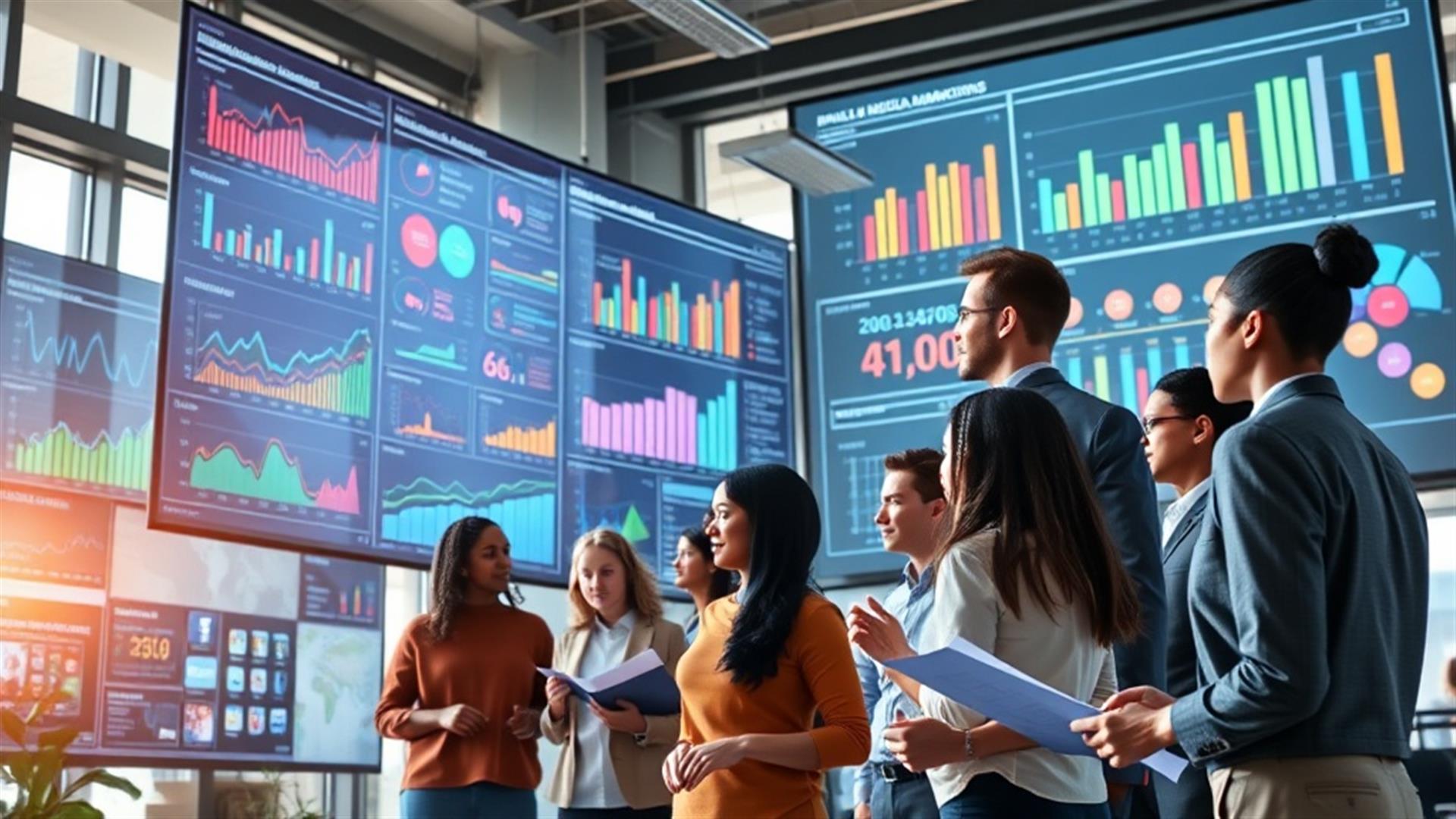 Crear una imagen ultra realista que muestre un entorno de oficina dinámico y bullicioso donde un diverso equipo de profesionales de marketing está profundamente comprometido en analizar datos y planificar campañas de redes sociales. La imagen debe incluir grandes pantallas digitales que muestran una variedad de gráficos y tablas coloridos, ilustrando métricas clave de rendimiento y análisis de redes sociales. Se observa a los miembros del equipo, representando diferentes etnias y géneros, colaborando, algunos señalando a las pantallas y otros tomando notas. La luz natural entra a través de grandes ventanas, resaltando la atmósfera moderna y vibrante. La escena transmite un sentido de innovación, enfoque y colaboración, encarnando el tema de maximizar el ROI a través de estrategias de marketing en redes sociales basadas en datos.