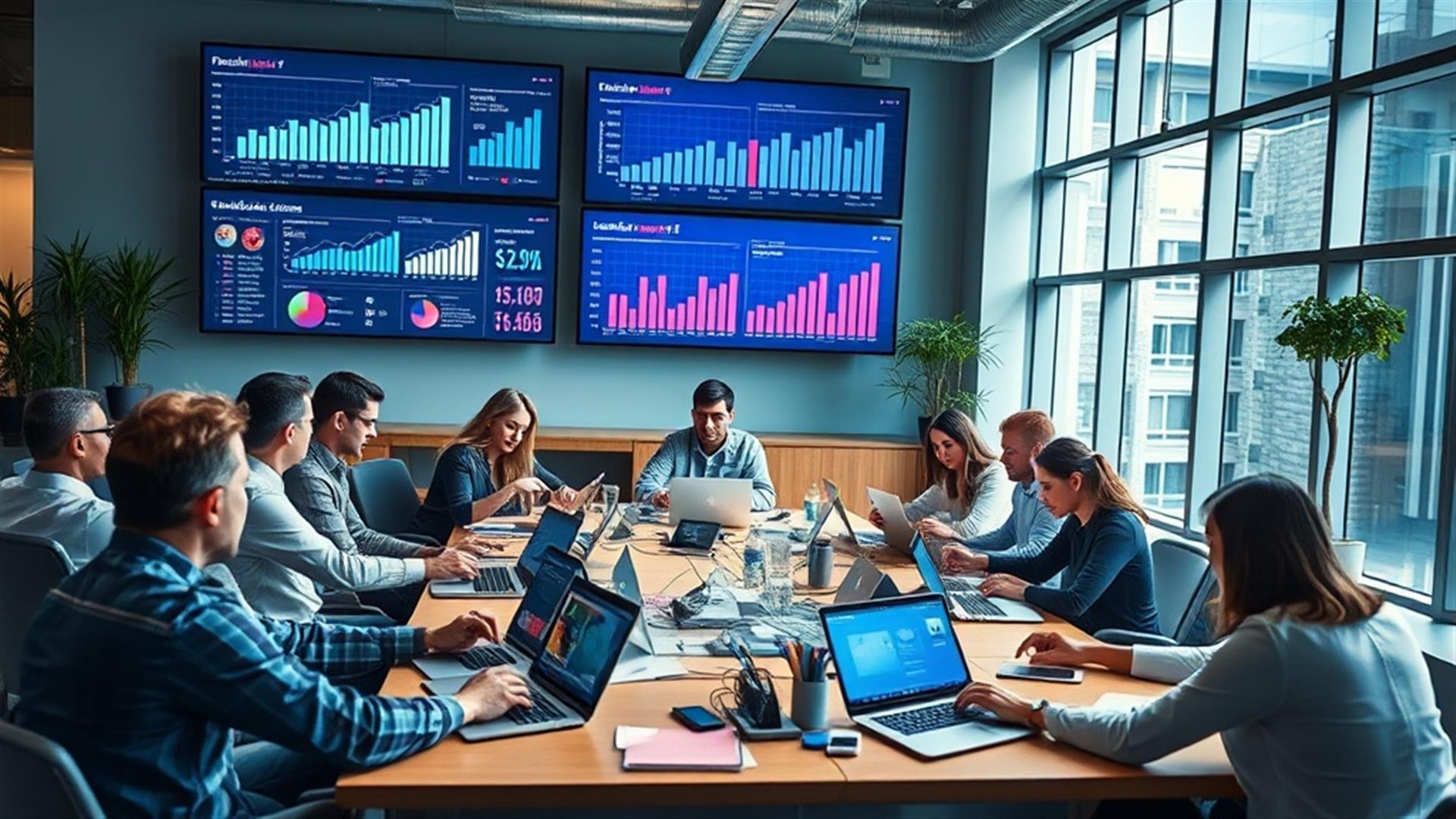 Crear una imagen ultrarrealista que represente un bullicioso espacio de trabajo de marketing digital. La escena debe incluir un equipo diverso de profesionales colaborando alrededor de una gran mesa llena de computadoras portátiles, teléfonos inteligentes y tabletas que muestran diversas plataformas de redes sociales como Facebook, Instagram, Twitter y LinkedIn. Incluir elementos visuales como gráficos y tablas en pantallas montadas en la pared que muestren análisis y métricas de crecimiento. Asegurar que el entorno se sienta moderno y vibrante, con luz natural que entra a través de grandes ventanas, reflejando un ambiente dinámico e innovador. El enfoque debe estar en la integración perfecta de la tecnología y el trabajo en equipo para crear estrategias efectivas de redes sociales que mejoren la presencia en línea.