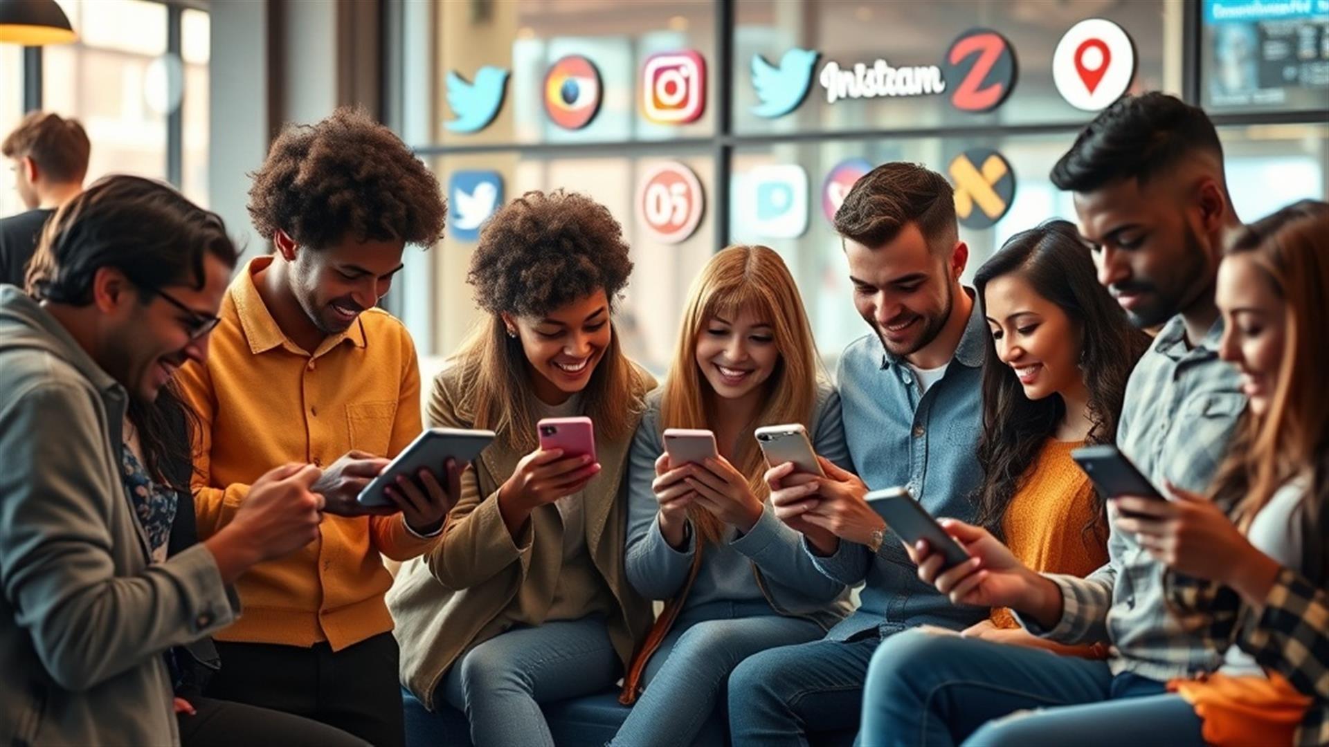 Crea una imagen ultra-realista que ilustre el concepto de construir una comunidad sólida y aumentar la lealtad a la marca en las redes sociales. La imagen debe mostrar un grupo diverso de personas, cada una interactuando activamente con sus teléfonos inteligentes o tabletas, reunidas en un entorno moderno y vibrante. Incluye elementos visuales que representen plataformas populares de redes sociales como Twitter, Instagram y Facebook, integradas sutilmente en el entorno. Destaca un sentido de conexión e interacción, con individuos compartiendo contenido, dando ``me gusta`` a publicaciones o comentando. La atmósfera debe transmitir calidez, colaboración y un sentido de pertenencia, con logotipos de marca ubicados sutilmente en segundo plano, indicando la presencia de la marca sin dominar la escena.