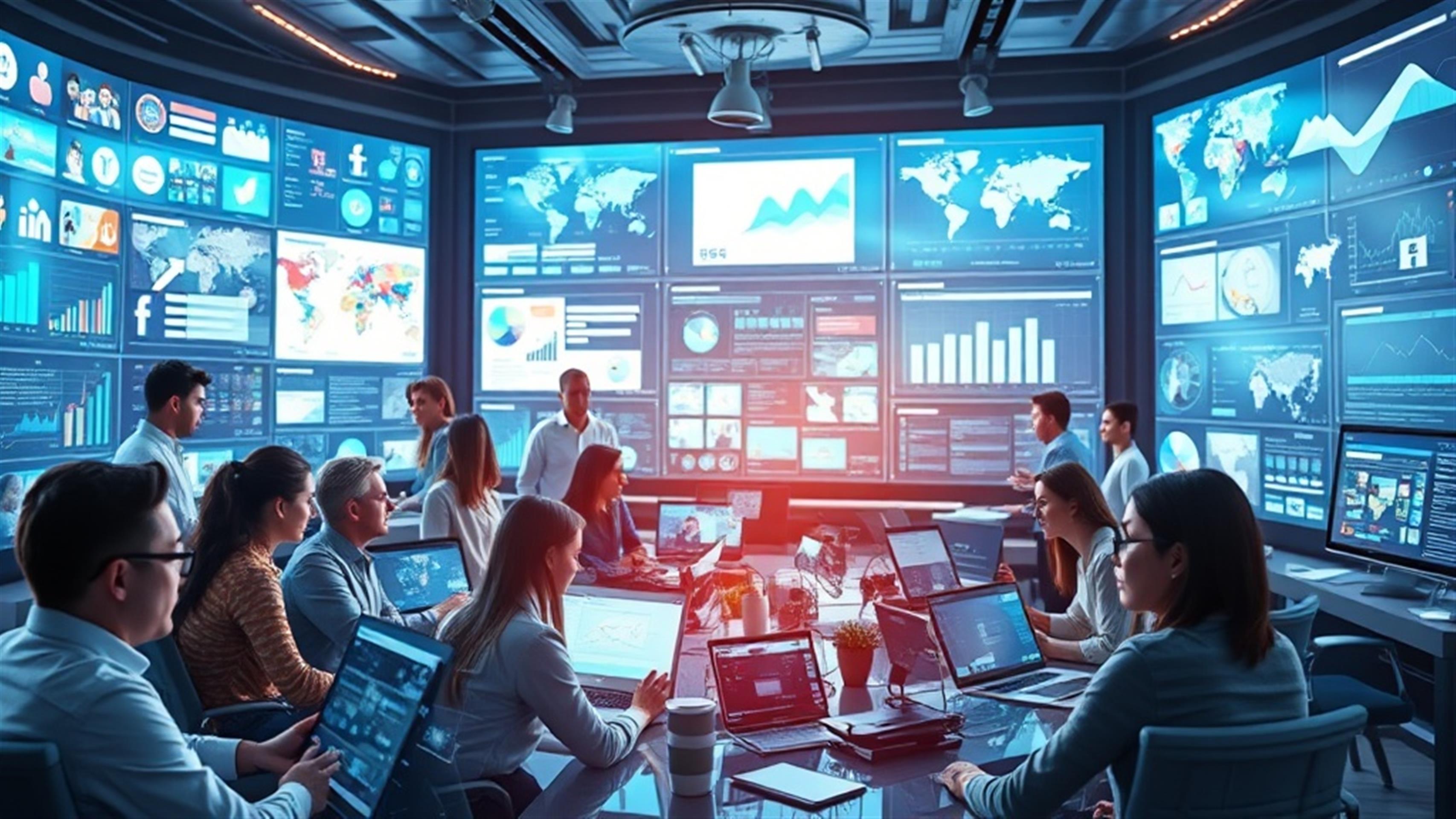 Crea una imagen hiperrealista de un espacio de trabajo dinámico con múltiples pantallas digitales de alta tecnología que muestran diversas plataformas de redes sociales. Incluye a un grupo diverso de personas colaborando intensamente, analizando datos y haciendo lluvia de ideas. El entorno es moderno y futurista, con elementos como pantallas holográficas y gráficos digitales. Captura un sentido de innovación y energía, enfatizando la idea de transformar estrategias de redes sociales a través de tecnología de vanguardia y trabajo en equipo. Asegúrate de que la atmósfera sea vibrante y bulliciosa, reflejando la naturaleza acelerada de la evolución de las redes sociales.