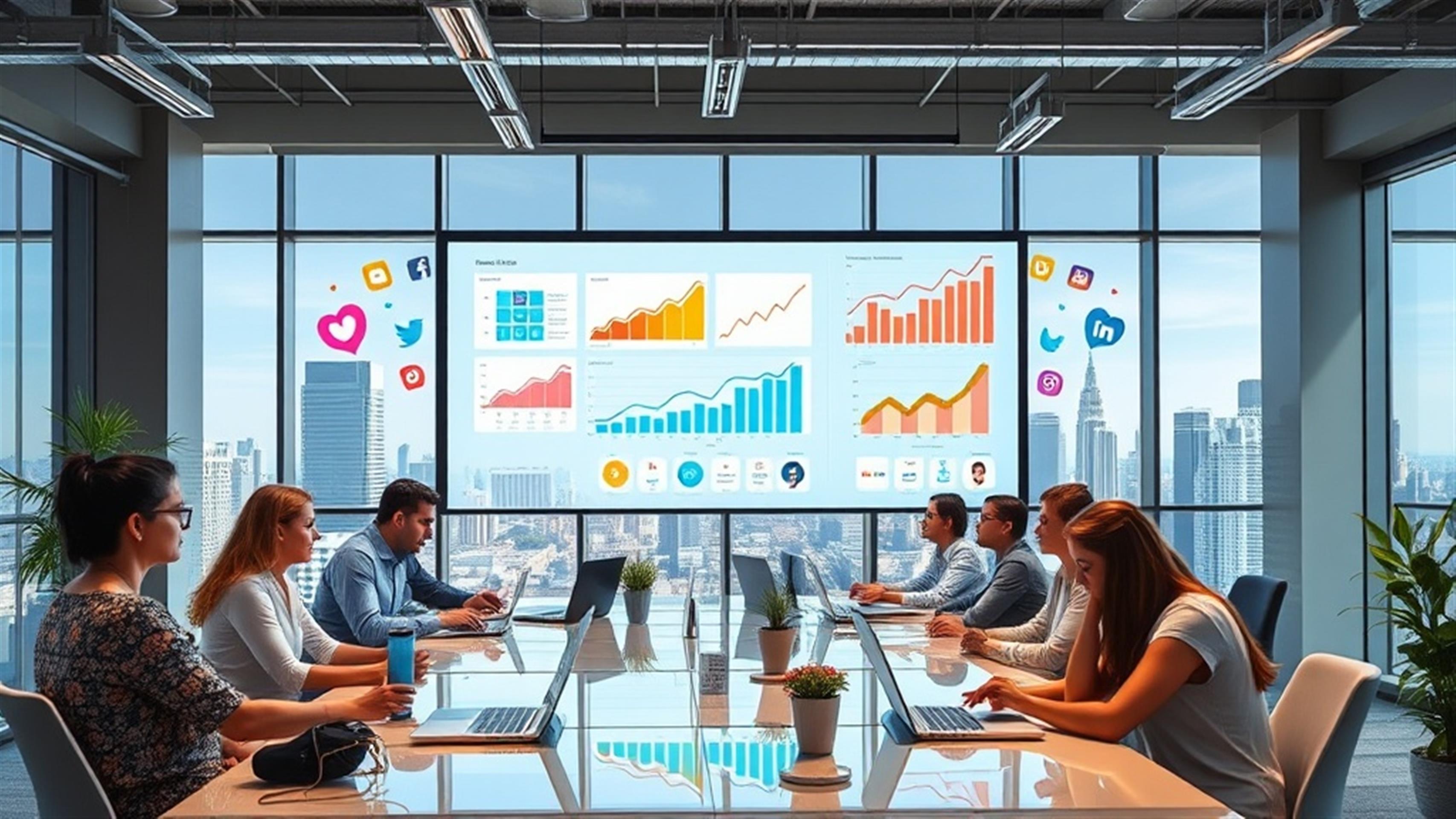 Crear una imagen ultrarrealista que represente un bullicioso espacio de oficina moderno con diversos profesionales colaborando en dispositivos digitales. Incluir una pantalla grande que muestre análisis de redes sociales y gráficos de crecimiento, simbolizando el éxito empresarial a través de la presencia en redes sociales. Incorporar elementos como iconos vibrantes de redes sociales, plataformas de reuniones virtuales y un dinámico paisaje urbano visible a través de las ventanas de la oficina para capturar la esencia de la innovación y la conectividad.