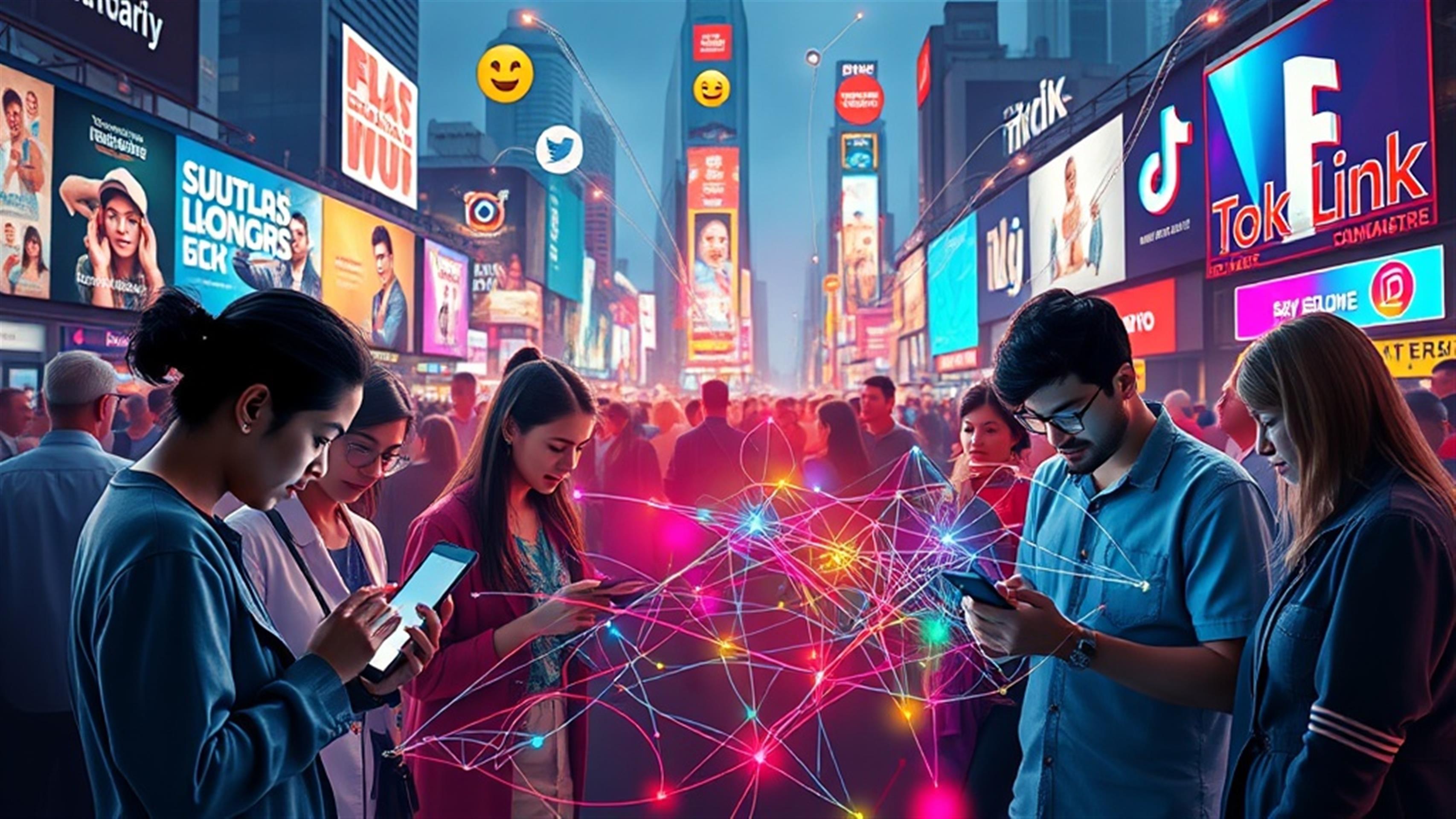 Crea una imagen ultra realista que represente un vibrante paisaje de redes sociales. Centra la imagen alrededor de un grupo diverso de personas interactuando con sus teléfonos inteligentes y tabletas, conectados visualmente a través de una red de hilos dinámicos y coloridos. Cada hilo representa una historia diferente compartida en plataformas como Facebook, Instagram, Twitter y TikTok. En el fondo, muestra un paisaje urbano digital con vallas publicitarias y pantallas que exhiben varios elementos de narración como emojis, transmisiones en vivo y encuestas interactivas. Incluye referencias sutiles a un aumento en la participación y tasas de conversión, como líneas de gráficos que suben sutilmente en el fondo. La atmósfera general debe transmitir una sensación de conexión y participación activa, resaltando el poder transformador de la narración en el marketing de redes sociales.