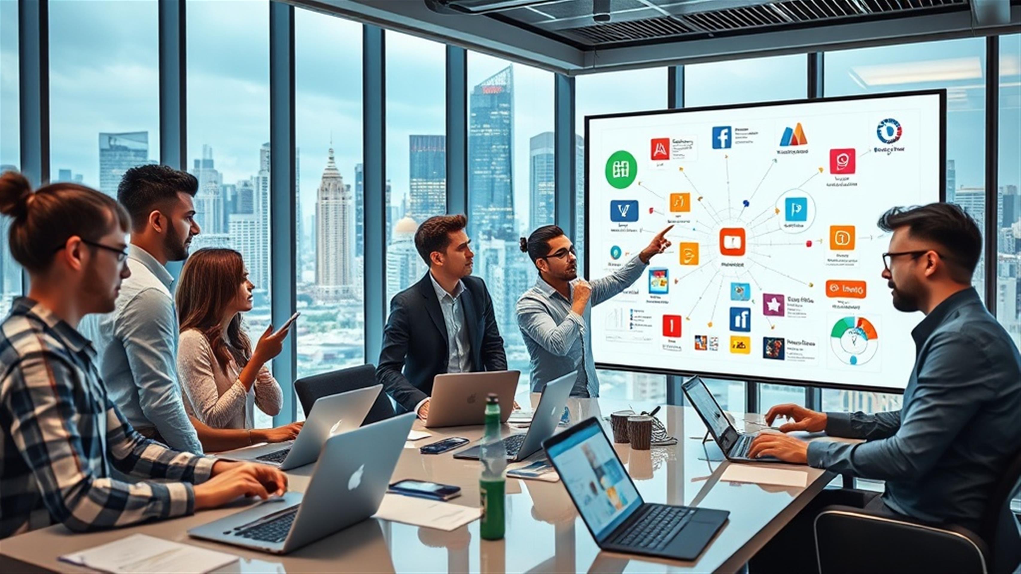 Crea una imagen ultra realista que capture la esencia del marketing moderno en redes sociales a través del uso de técnicas de copia mixta. La escena debe representar a un grupo diverso de profesionales del marketing colaborando en un entorno de oficina elegante y de alta tecnología. Están rodeados de una variedad de dispositivos digitales, incluyendo laptops, tablets y smartphones, cada uno mostrando contenido vibrante y atractivo en redes sociales. Incluye elementos visuales como gráficos, tablas y paneles de análisis en pantallas grandes, ilustrando estrategias basadas en datos. Los profesionales, de diversas edades y orígenes étnicos, están discutiendo y compartiendo ideas activamente, algunos señalando a una pizarra llena de notas coloridas y diagramas de flujo interconectados. La habitación está bien iluminada, con grandes ventanas que ofrecen una vista panorámica del bullicioso horizonte de una ciudad, simbolizando el alcance expansivo de las campañas efectivas en redes sociales. La atmósfera debe transmitir innovación, creatividad y colaboración, mostrando cómo las estrategias de copia mixta están transformando la forma en que las marcas se conectan con su audiencia.