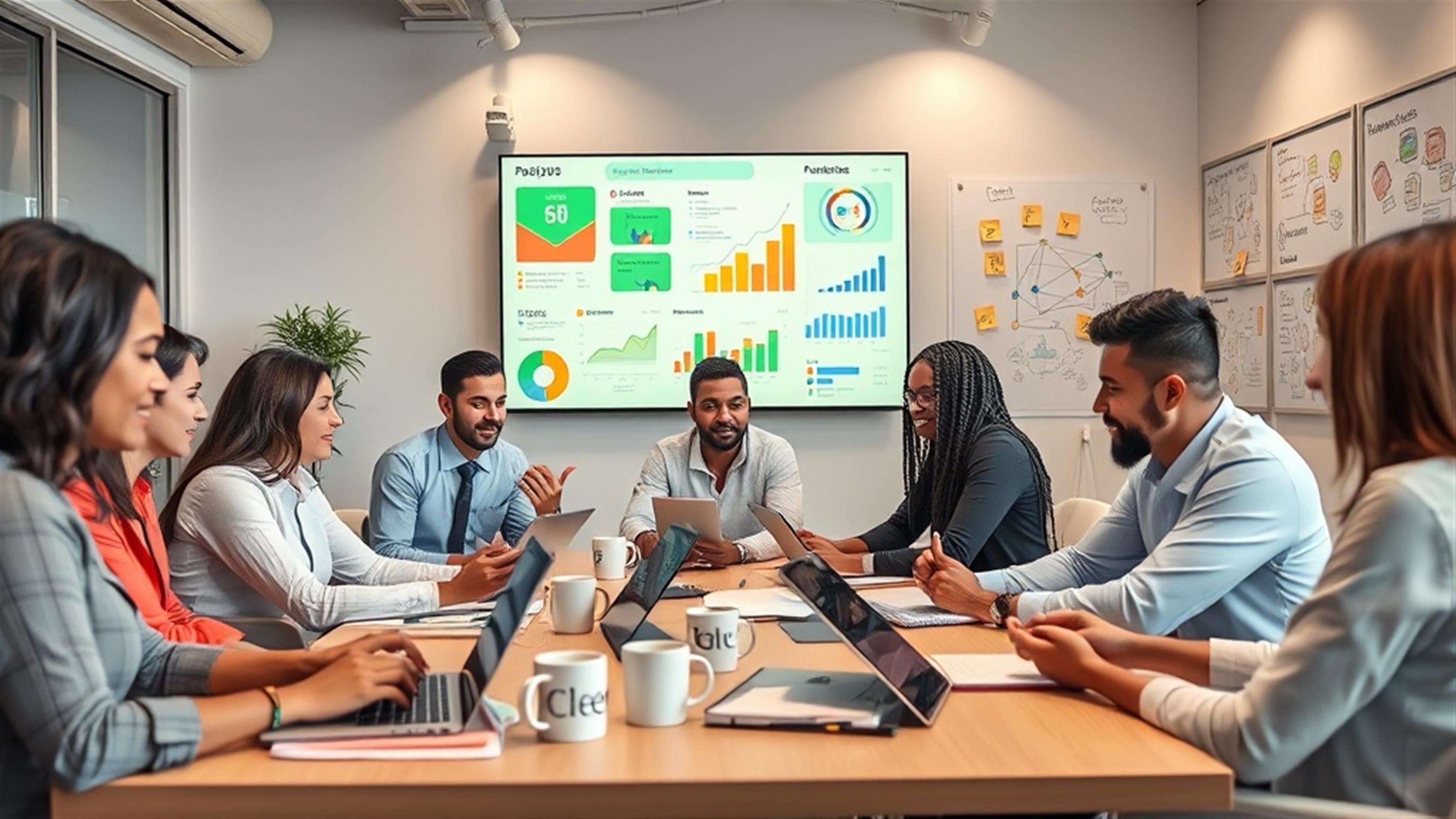 Cree una imagen ultra realista de un grupo diverso de profesionales en una oficina moderna, colaborando en laptops y tabletas digitales. Incluya una gran pantalla digital que muestre vibrantes análisis de redes sociales, gráficos y tablas. El entorno debe ser elegante y contemporáneo, con materiales de marca como tazas de café y cuadernos con el logotipo de una empresa ficticia. Asegúrese de que la atmósfera transmita innovación y creatividad, con elementos como notas adhesivas, paneles de estado de ánimo y una pizarra llena de ideas para lluvia de ideas. La imagen debe irradiar profesionalismo y energía orientada hacia el futuro, centrándose en el tema de mejorar la presencia de la marca a través de soluciones personalizadas de marketing en redes sociales.