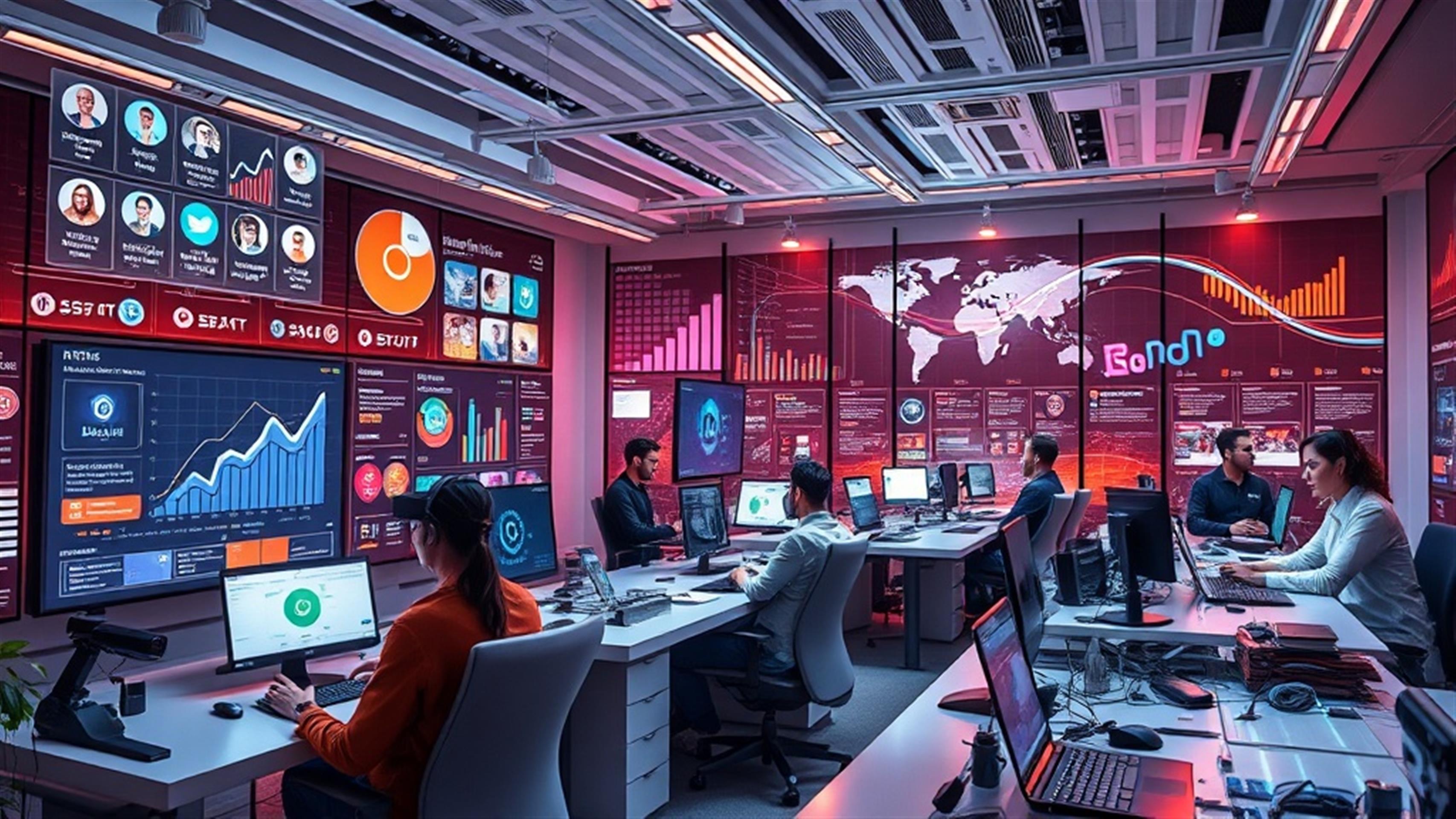 Crear una imagen ultra realista que represente un entorno de oficina futurista donde herramientas avanzadas impulsadas por IA y pantallas muestren diversas plataformas de redes sociales en tiempo real. La sala está llena de especialistas en marketing digital que gestionan eficientemente múltiples campañas simultáneamente a través de software de automatización. En un lado, un gran panel digital muestra análisis, gráficos de crecimiento y métricas de participación. Cerca, asistentes virtuales colaboran sin problemas con humanos, optimizando estrategias para llegar al máximo público. El ambiente es vibrante y dinámico, lleno de interfaces holográficas y auriculares de realidad virtual, simbolizando la innovación y eficiencia que aporta la automatización del marketing en redes sociales.