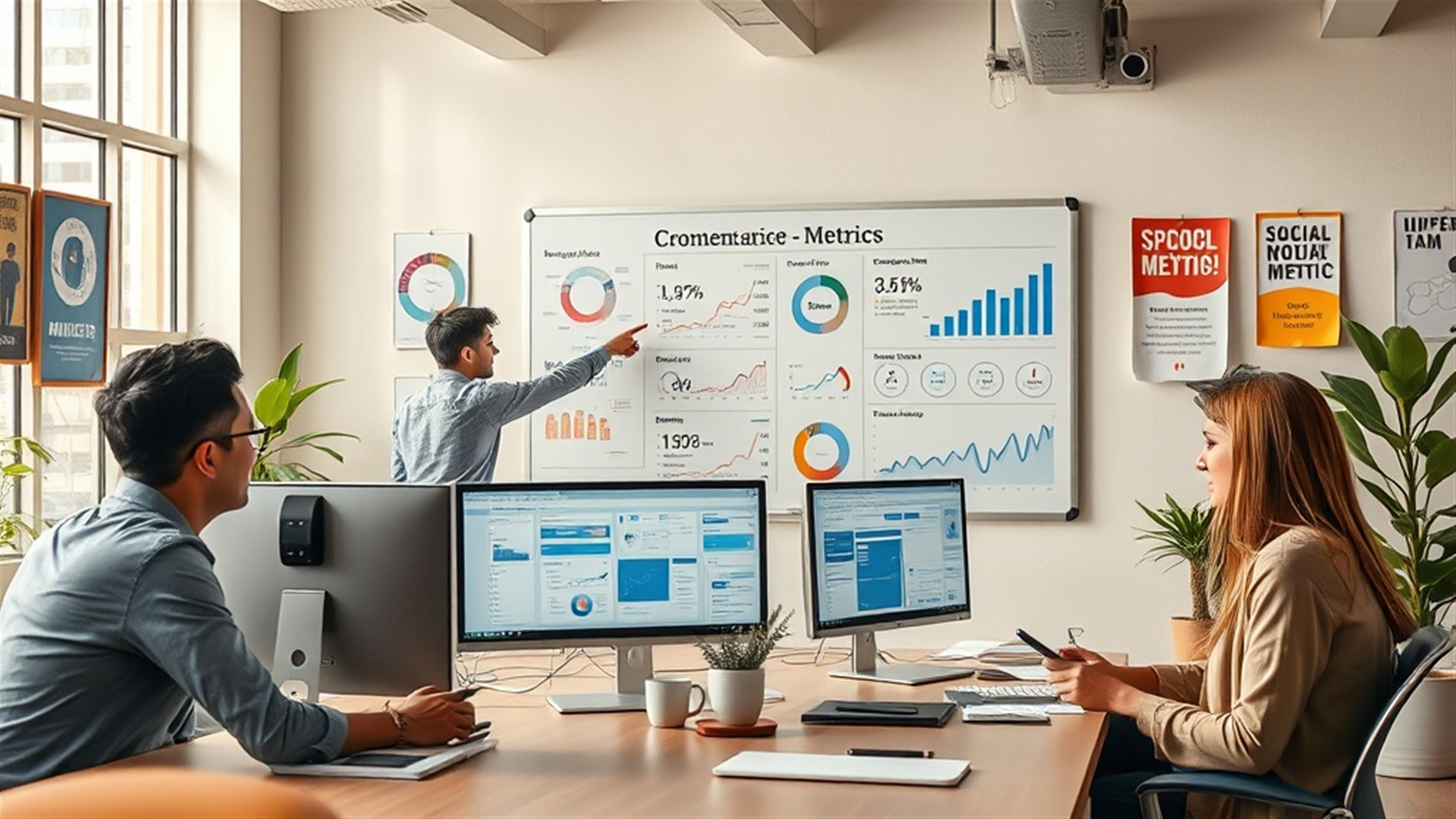 Crear una imagen ultrarrealista que represente un espacio de trabajo vibrante con un grupo diverso de profesionales analizando datos de redes sociales. La escena incluye múltiples pantallas de computadora mostrando diversos paneles de análisis, gráficos y tablas relacionadas con métricas de rendimiento en redes sociales. En el fondo, hay una pizarra grande que enumera indicadores clave de rendimiento como tasa de participación, tasa de conversión y alcance. Un miembro del equipo está señalando la pizarra, mientras que otro toma notas. El entorno es una oficina moderna con iluminación natural, plantas y carteles motivacionales en las paredes. Incluye diversas tecnologías como teléfonos inteligentes y tabletas en el escritorio, enfatizando un ambiente colaborativo y dinámico.