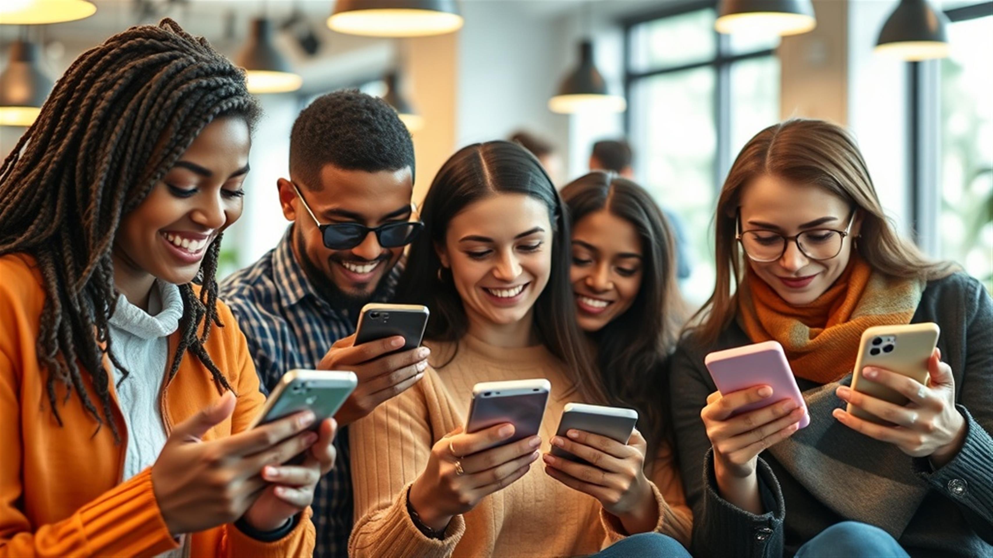 Crea una imagen ultra realista que capture a un grupo diverso de personas, cada una utilizando sus teléfonos inteligentes para interactuar con las redes sociales. La escena debe estar ambientada en un espacio moderno y luminoso, como un café o un entorno de coworking, con varios elementos de tecnología integrados sutilmente en el fondo. Incluye aplicaciones visibles en sus pantallas que simbolicen diferentes plataformas de redes sociales. Las personas deben parecer relajadas y comprometidas, representando diferentes grupos demográficos para resaltar la inclusividad. Enfócate en expresiones que transmitan una interacción y conexión genuinas. Además, incorpora detalles sutiles, como un hashtag o iconos de redes sociales, para enfatizar el tema del contenido generado por el usuario. Asegúrate de que la iluminación y los colores sean vibrantes pero naturales, realzando la autenticidad del momento.