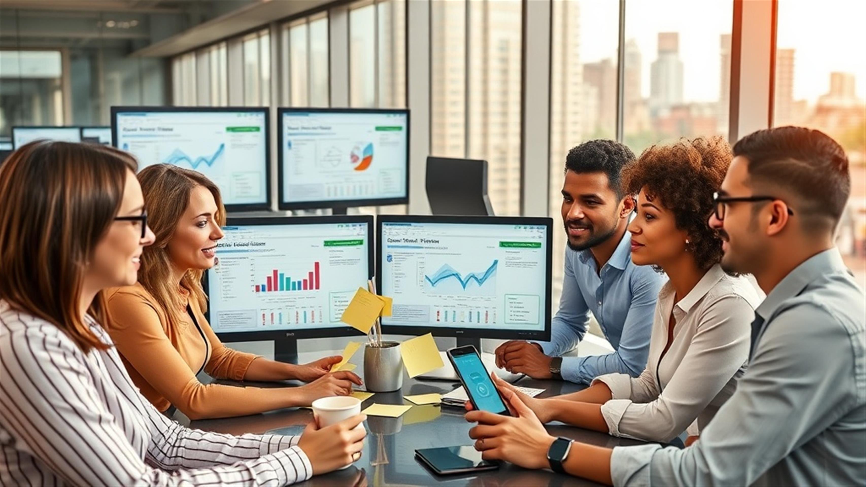 Crea una imagen ultra realista que muestre a un equipo diverso de profesionales de marketing colaborando en un entorno de oficina moderno. El escenario debe incluir múltiples pantallas de computadora mostrando análisis de redes sociales, gráficos y estrategias de campaña. El equipo, compuesto por diferentes géneros y etnias, está inmerso en una sesión de lluvia de ideas enérgica. Incluye elementos como notas adhesivas, teléfonos inteligentes con aplicaciones de redes sociales abiertas y tazas de café para enfatizar la productividad y la creatividad. Captura un sentido de enfoque y determinación en sus expresiones, resaltando la naturaleza dinámica del marketing en redes sociales. La oficina debe tener grandes ventanas con vistas a un paisaje urbano, reflejando un ambiente próspero y vanguardista.